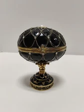 SANKYO Emerald Rhinestone Enamel Metal Egg Music Box 6” X 4 1/2" Black