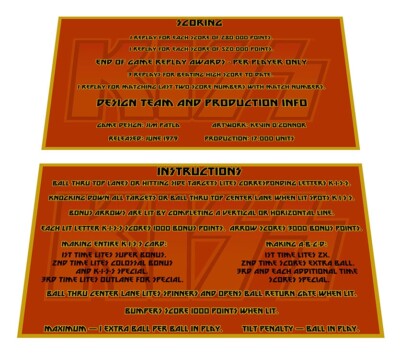 Bally Kiss Pinball Custom Apron Instruction Cards Hi Resolution