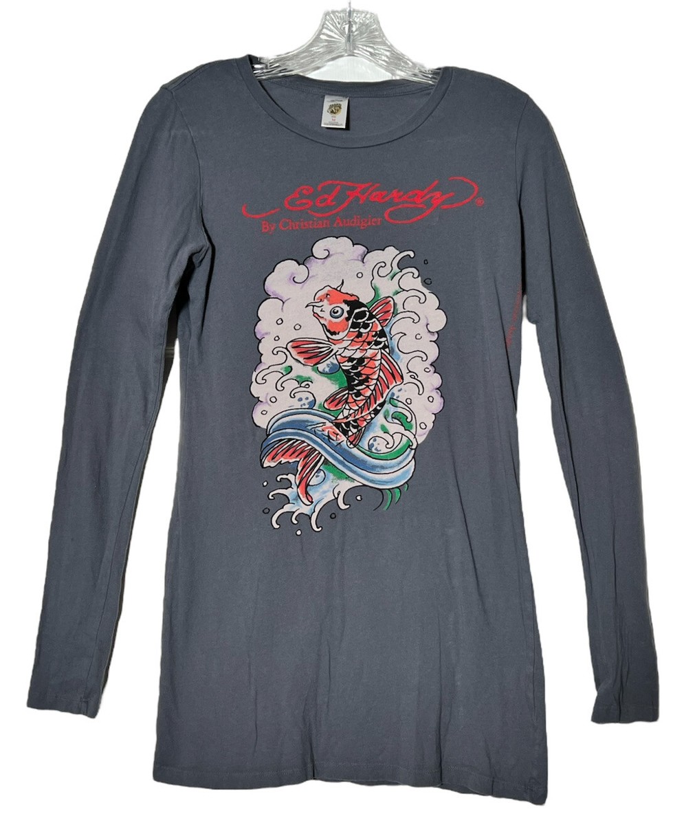 Ed Hardy Christian Audigier Grey Long Sleeves Koi Fish T Ed Hardy Christian Audigier Grey Long Sleeves Koi Fish T
