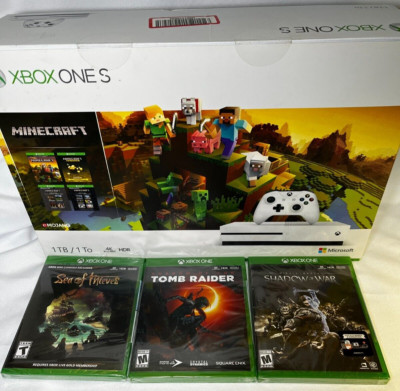 XBOX ONE S Minecraft Limited Edition NIB 1 TB + Sea of Thieves Tomb Raider SOW