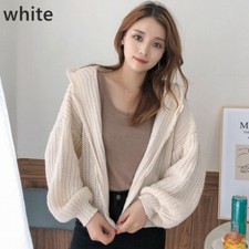 Lady Casual Short Sweater Jacket Soft Hooded Coat Knit Top Hoodie Zipper Outwear