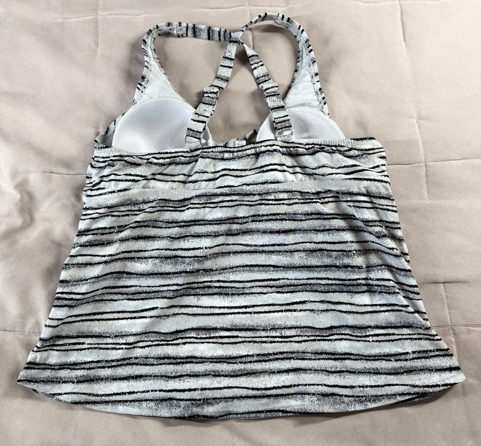 Avenue Black White Womens 16W Plus Striped Halter Padded Lined Tankini Swim Top Foto 3 de 4
