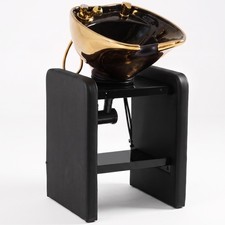 Gold Salon Ceramic Shampoo Bowl Station Hair Washing w/Sink Faucet Sprayer Hoses