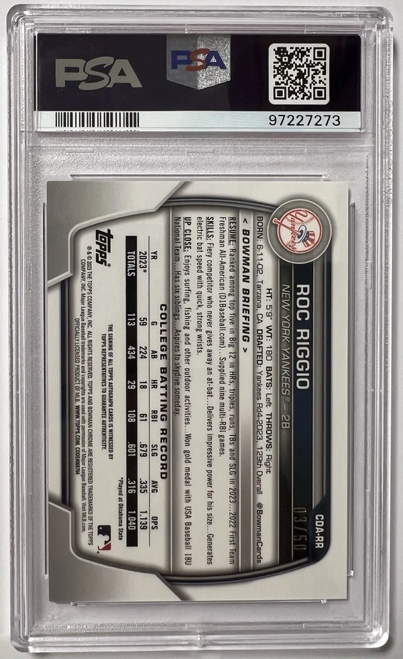 2023 Bowman Chrome Draft Roc Riggio Gold Shimmer Auto /50 PSA 9 - Image 2 of 2