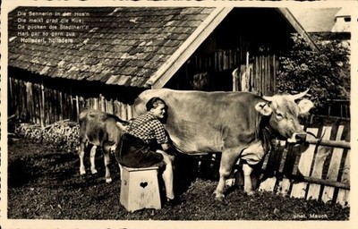 Postcard Oberstaufen in the Allgäu, woman milking a cow - 11525755