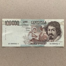 Caravaggio Italy 100000 Lire Banknote Italian Currency. Rome 1983 Paper Money