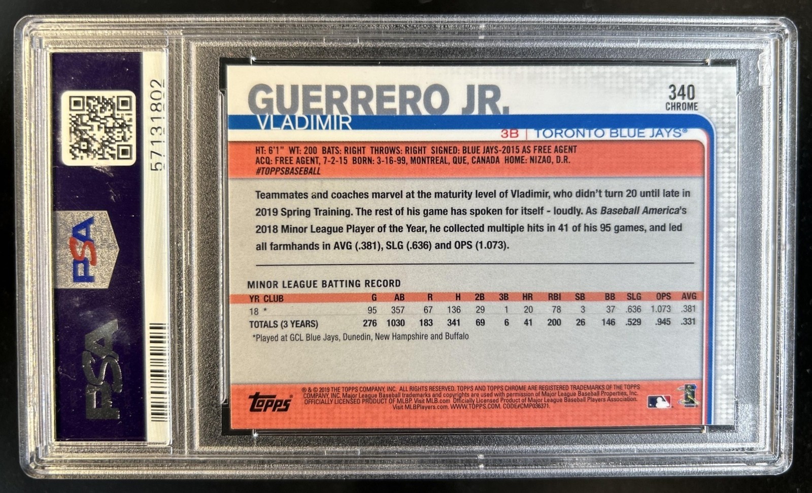 2019 Topps Chrome Sapphire Vladimir Guerrero Jr. RC Rookie #340 Blue Jays PSA 9 view 2