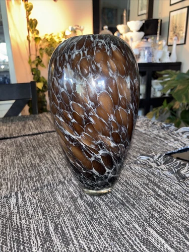 Stunning Vintage Murano Like  Brown Blue  Gray White 12” Hand Blown Glass Vase