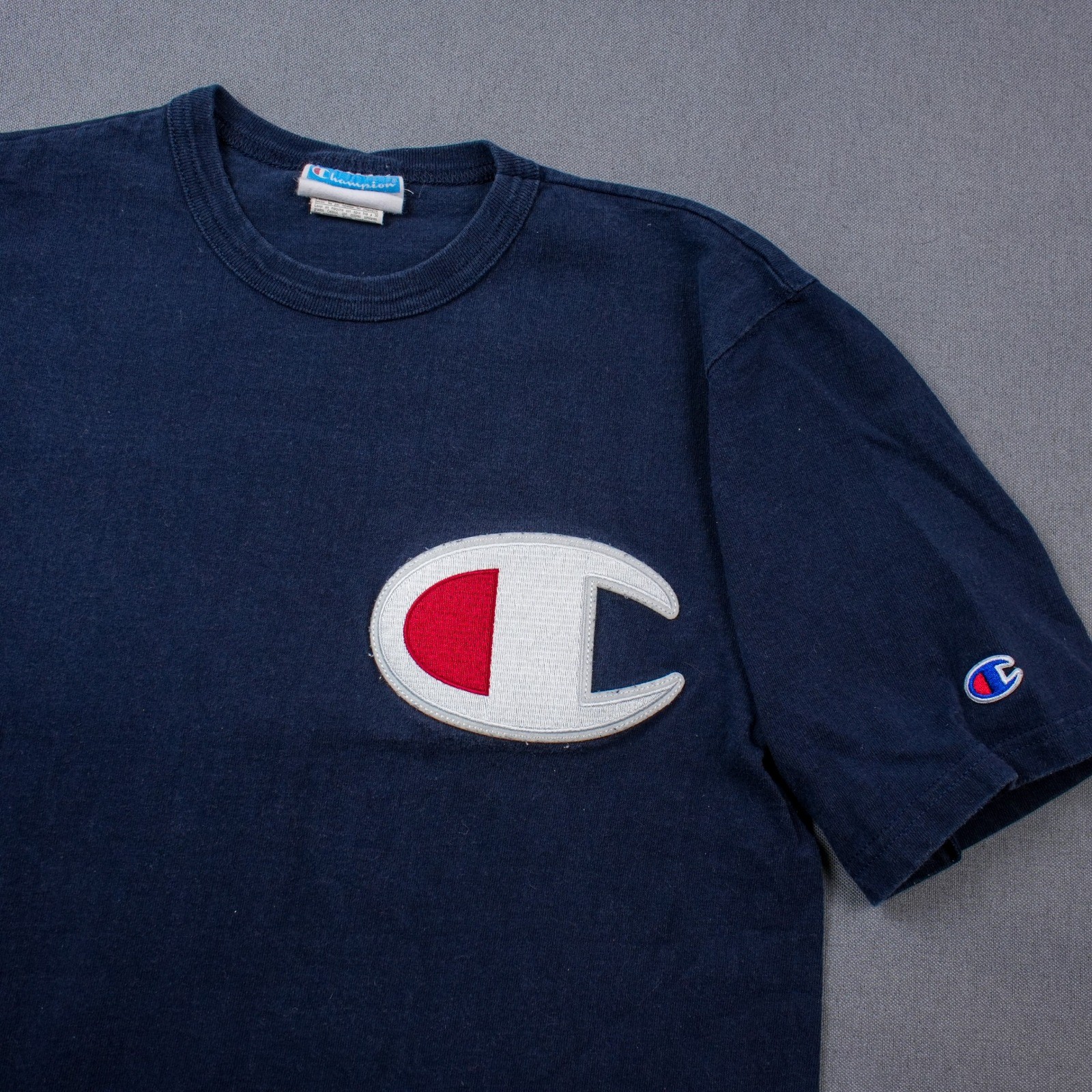 Vintage Champion Blue Big Embroidered C Logo T Shirt Mens Small Cotton Retro