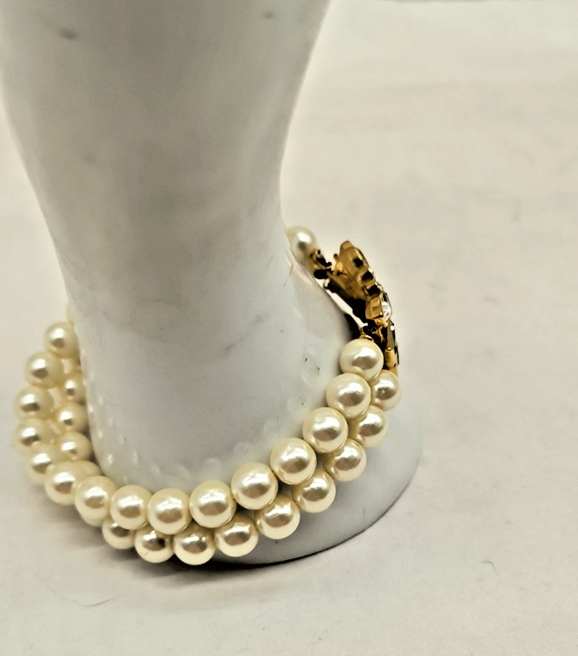 "Precioso brazalete vintage de perlas y diamantes de imitación de doble filamento AVON 8"" tono dorado #53" Foto 3 de 4