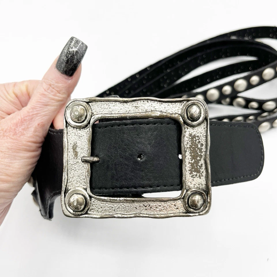 Cinturón Leatherock Mujer 33 Cuero Negro Plateado Tachuelas 4 Grapas Ancho Gótico Punk Boho Foto 2 de 4