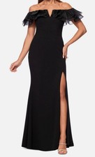 Xscape Women's Black Ruffled Off-the-Shoulder Side-Slit Gown Dress Size M