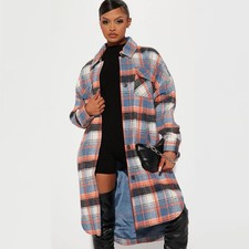 New NWT Fashion Nova Get Lost Shacket Long Trench Coat Jacket Plaid Medium 8 10