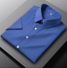 Mens Elastic Shirts Formal Business Short Sleeves Plaids Casual Dress Shirts Top