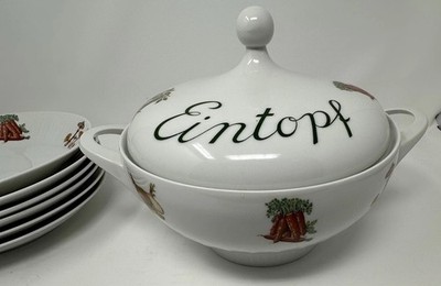 Scherzer Bavaria Eintopf Soup Tureen w/Lid + 6 Soup Plates Vegetable Pattern