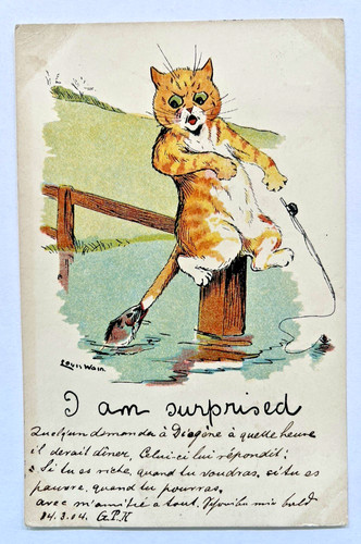 Louis Wain Artist Signed Cat Fish Biting Tail I AM SURPRISED Vintage Postcard