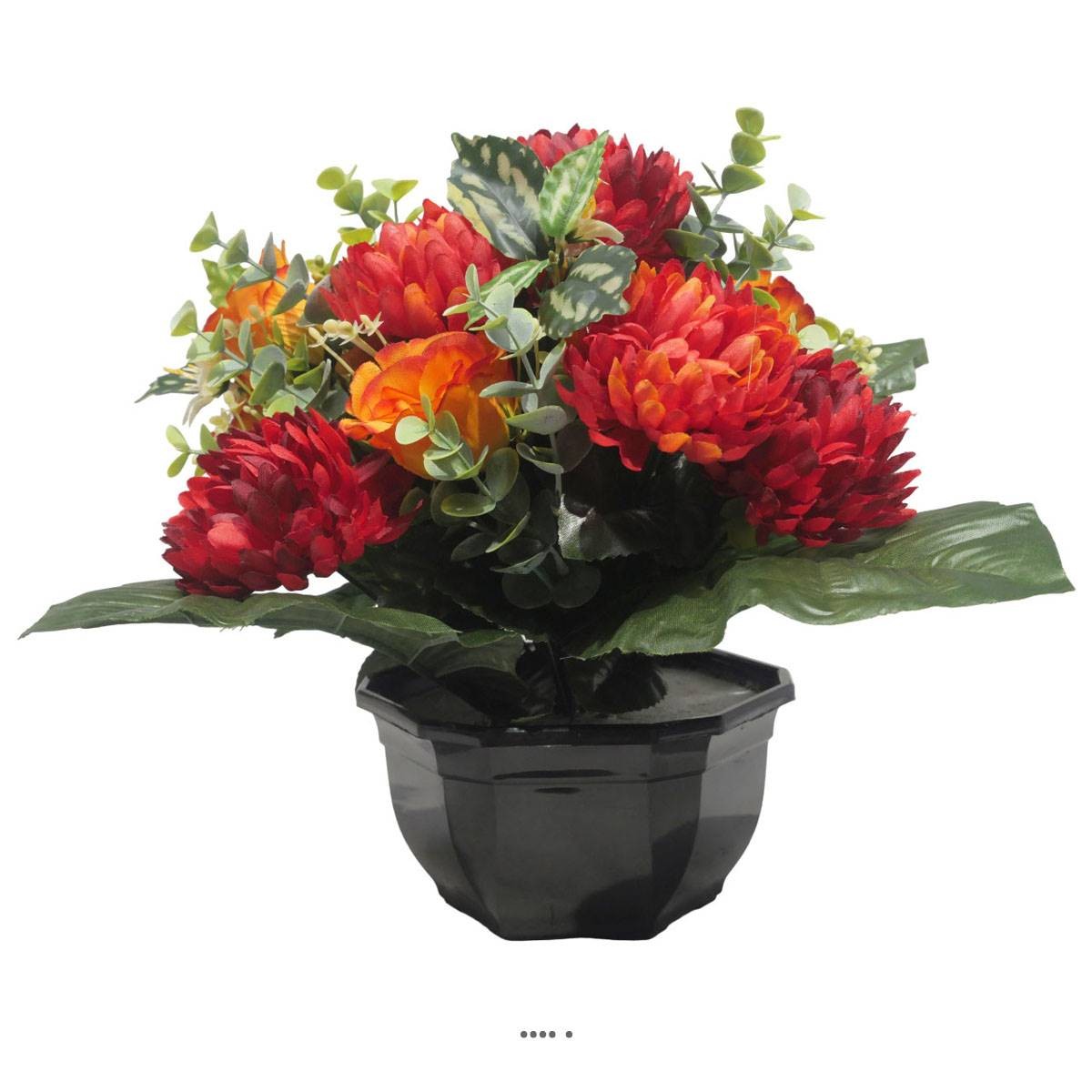 Vasque de chrysanthème pour la Toussaint rouge-orange avec rose et eucalyptus artificiel L 40cm