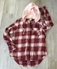 Time and Tru Small Pink and Burgundy Plaid Hooded Flannel Button Down Shirt