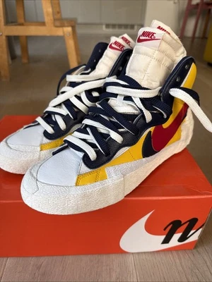 Nike Blazer Mid Sacai White And Yellow With Midnight Blue And Red Swoosh - Image 1 of 4