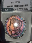 1886 MS65 Morgan Silver Dollar Green Holder PCI Purple blue orange Toned!