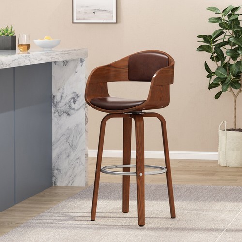 30" Mid-Century Modern Upholstered Swivel Barstool, Walnut + Cognac - Picture 87 of 96