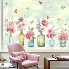 Spring Flowers Window Clings Floral in Jarsutterflies Glass Sticker Decal B