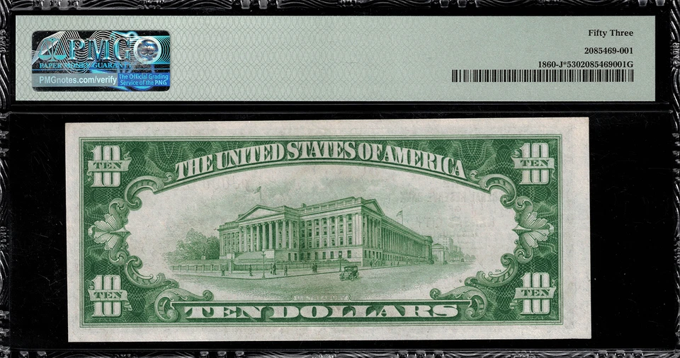 1929 $10 Federal Reserve Bank Note - Kansas City - Star Note FR.1860-J* - PMG 53 - Image 2 of 2