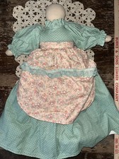 Folk Art Cloth Doll White, Vintage, Antique Handmade, 18 1/2  Sage Pink Aqua