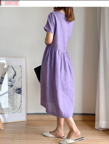 Womens Cotton Linen Retro Casual Summer Tunic Shirt Kaftan Pockets Midi Dress - Bild 5 von 11