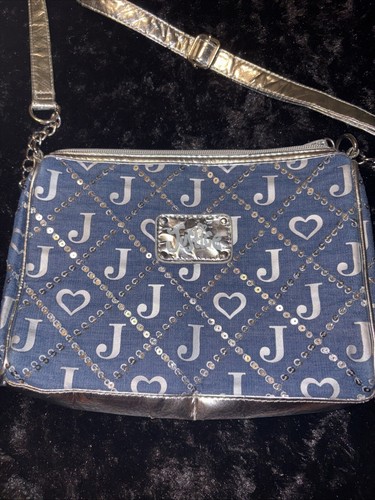 Justice For Girls Denim Silver Logo Sequins Cross Body Purse Bling Glam Fancy - Picture 9 of 15
