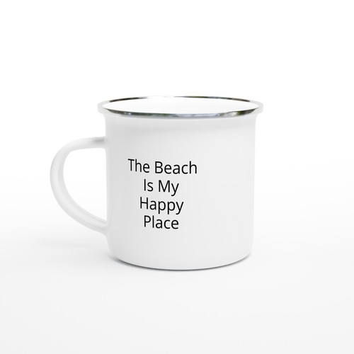The Beach Is My Happy Place White Enamel Mug with a Silver Rim 12