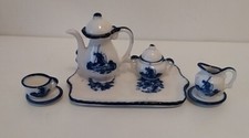 Vintage Delft blue & white pottery hand painted miniature coffee set on tray