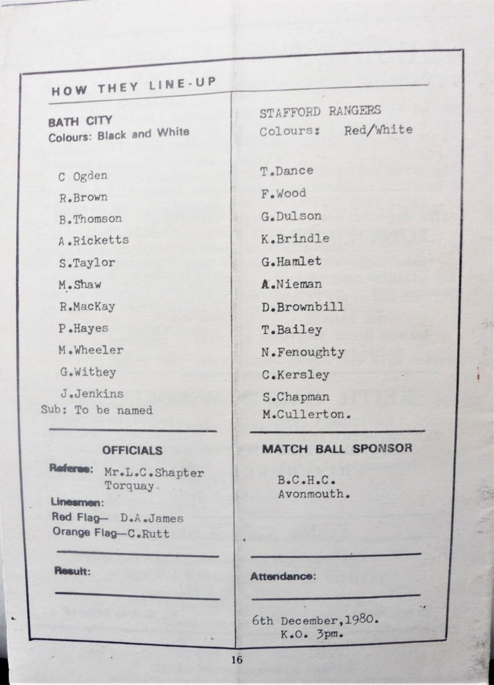 BATH CITY V STAFFORD RANGERS 6/12/1980 ALLIANCE PREMIER LEAGUE eBay