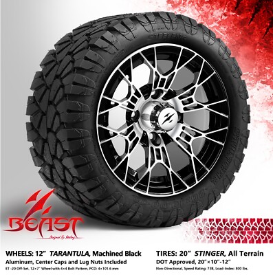 4x GOLF CART 12'' MACHINED 'TARANTULA' WHEELS and 20'' STINGER A/T DOT TIRES