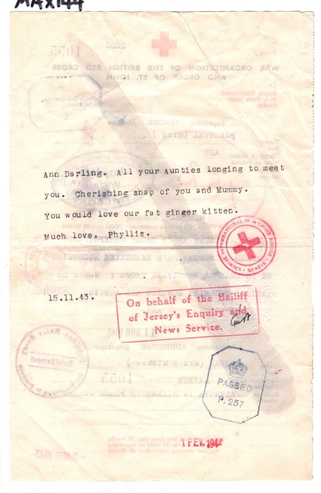 GB Channel Is WW2 RED CROSS Message 1943 Wigan WALLGATE Jersey *BAILIFF* MAX144 - Image 2 of 4