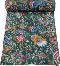 Image of Indian Handmade Cotton Green Kantha Quilt Floral Printed Blanket Bedspread Throw