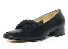 SALVATORE FERRAGAMO Navy Blue Leather Square Bow Toe Low Block Heel Pumps 6.5 B