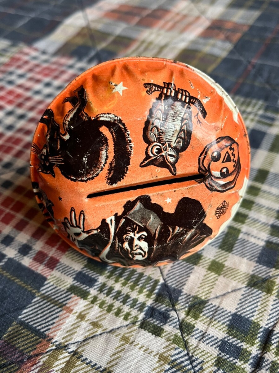 Vintage 1950's HALLOWEEN Tin Pumpkin Witch Shaker Noisemaker US