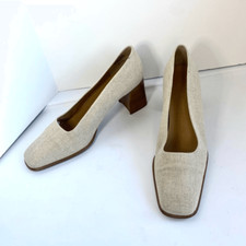 Nine West Beige Tan Fabric Shoes Pump Square Toe Wood Block Heel Women 9