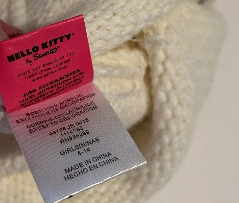 Gorra gorro tejido con cable lazo blanco rosa Hello Kitty niñas talla 4-14 con pompones colgantes Foto 4 de 4