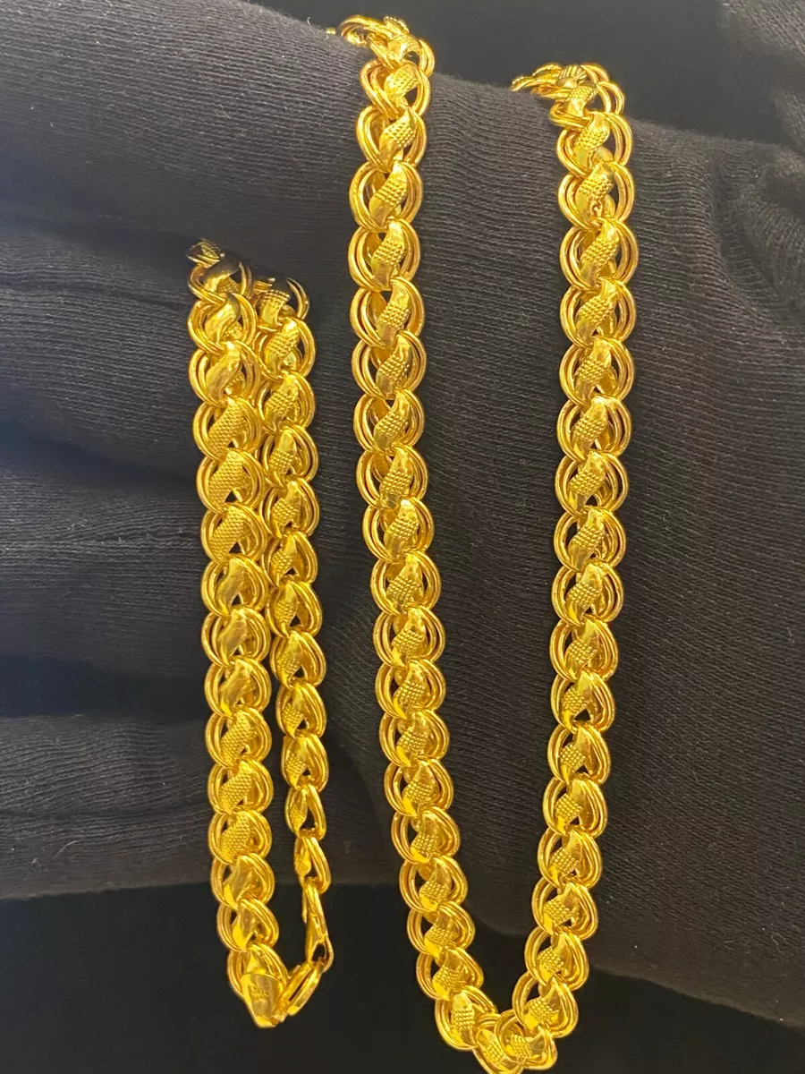 Vintage Dubai Handmade Unisex Lotus Chain Necklace In 916 Solid