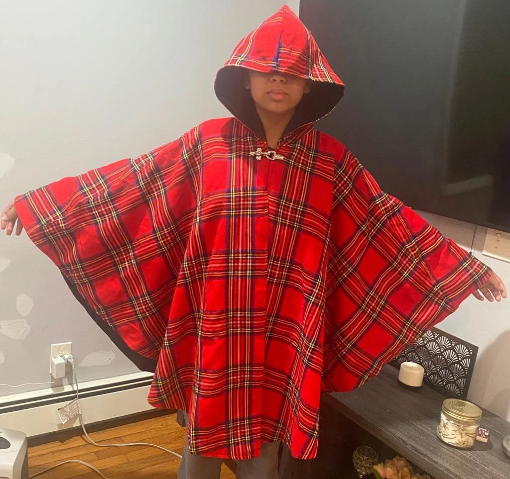 Tartan Kilt Poncho Hooded Cape Girls mttel Button Overcoat with Hood USA Stock