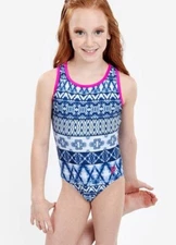 Plum Practicewear Gymnastics Leotard Indigo Pink Trim Ethnic Print Size CS