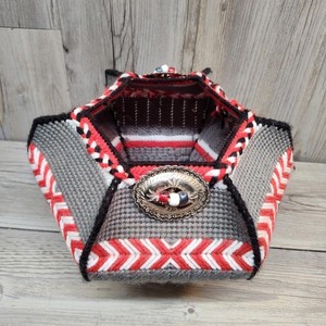 Vintage Handmade Plastic Canvas Basket With Beaded Accent