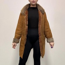 Womens Genuine Sheepskin Shearling Suede Brown Coat Jacket UK 14