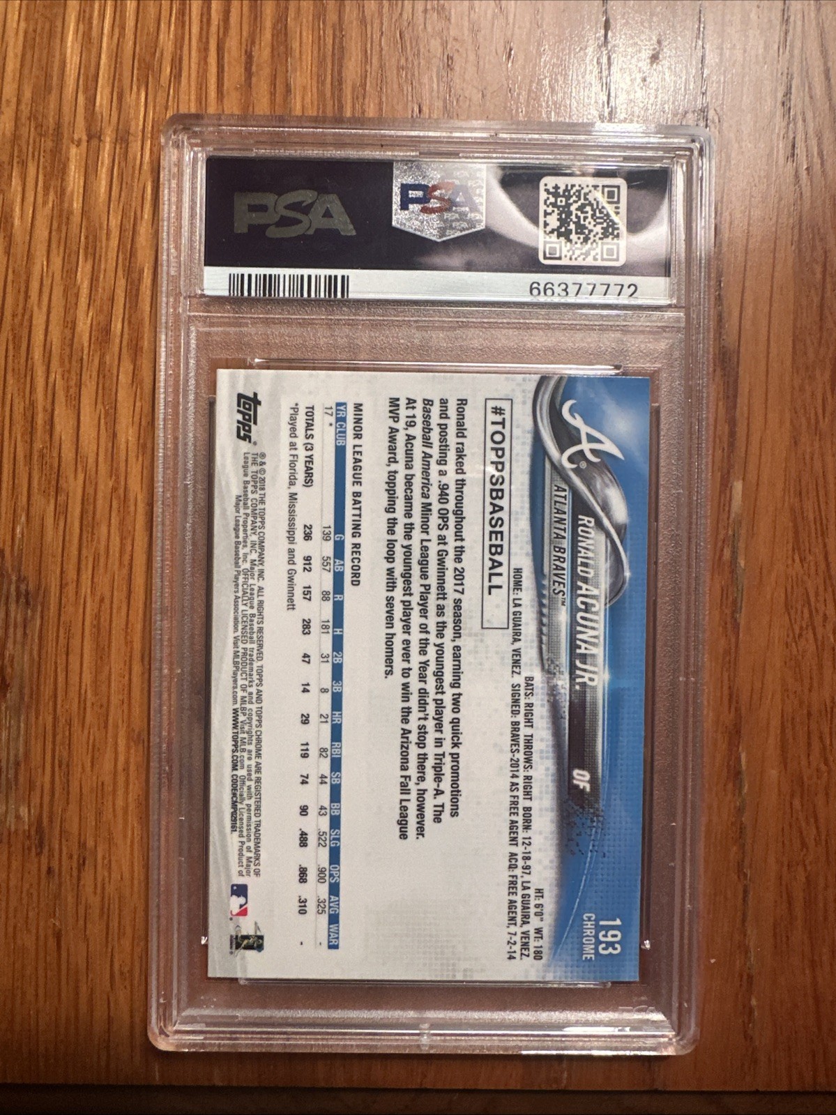 2018 TOPPS CHROME #193 RONALD ACUNA JR. RC ROOKIE PSA 10 view 2