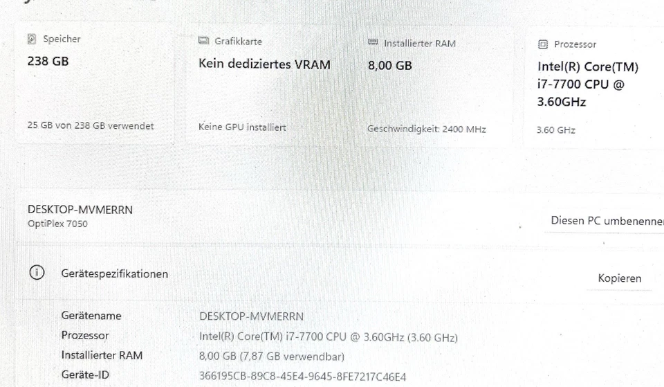 Dell Intel Core I7 7700 8 GB 250 GB SSD PC computer HDMI - Immagine 3 di 4