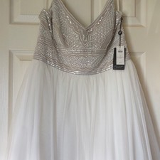 Adrianna Papell Ivory Beaded Sequin Mesh A-Line Dress V-Neck Sleeveless Size 14