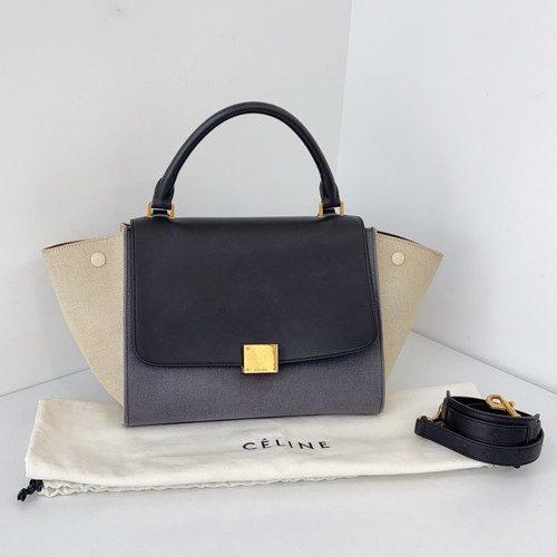 Authentic Celine Trapeze Canvas Tote Handbag Crossbody Black Gold Hardware