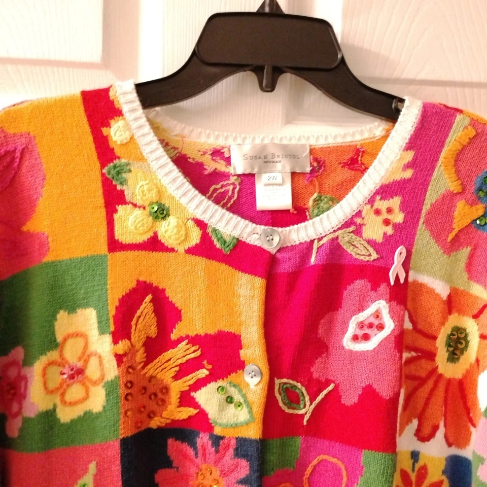 Susan Bristol Woman 2W Colorful Floral Knit Patch Embroidered Cardigan Sweater - Image 3 of 4